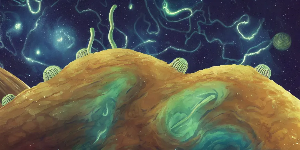 Prompt: giant cosmic space worms monsters, dune, many teeth, scary, nebulas in the background, bright stars, misty clouds, extremely detailed, beautiful, masterpiece