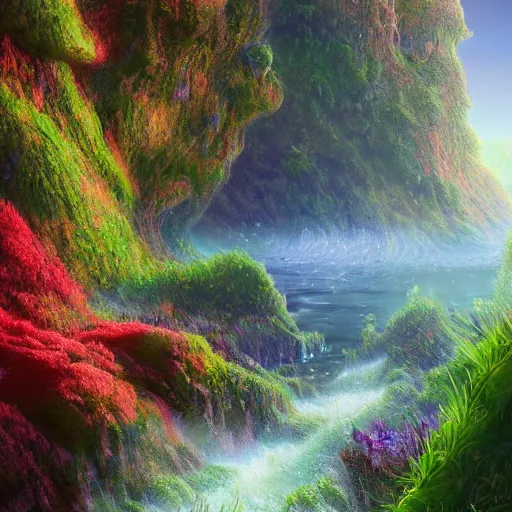 Image similar to digital painting of a lush natural scene on an alien planet by murayama hideo. digital render. detailed. beautiful landscape. colourful weird vegetation. cliffs and water.