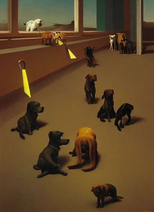 Image similar to crowd of dogs with recovery cones Edward Hopper and James Gilleard, Zdzislaw Beksinski highly detailed