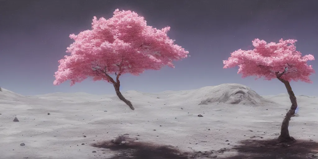 Image similar to A sakura tree growing on the moon, cinematic lighting, detailed oil painting, hyperrealistic, 8k