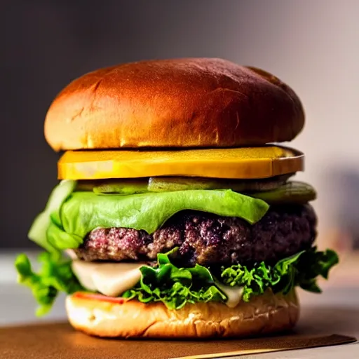 Prompt: colossal tall burger, stacked, award winning food photography, golden hour, holy