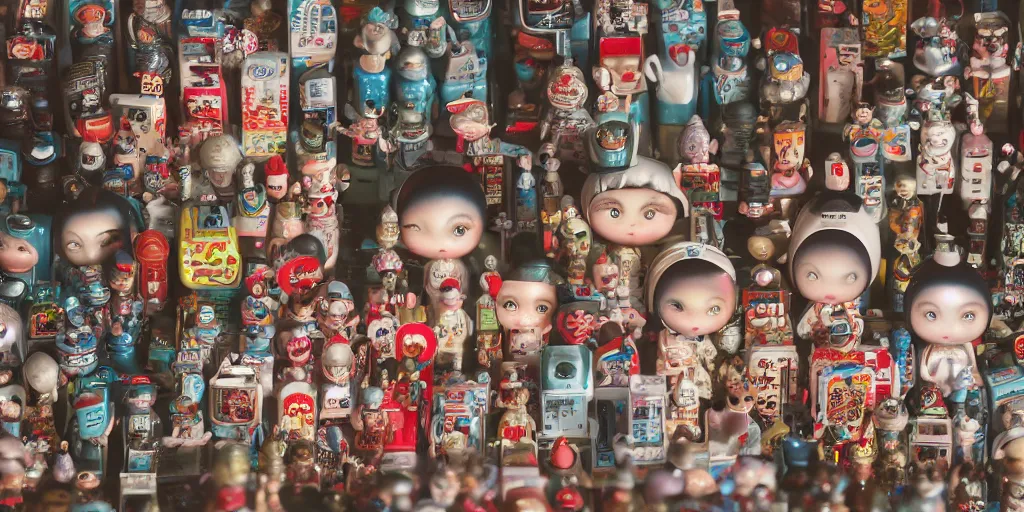 Image similar to closeup portrait of tin toy tokyo corner store and vending machines, depth of field, zeiss lens, detailed, centered, photoshoot, by nicoletta ceccoli, mark ryden, lostfish, breathtaking, 8 k resolution, extremely detailed, beautiful, establishing shot, artistic, hyperrealistic, octane render, - h 8 0 4