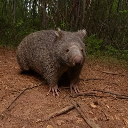 Prompt: a creepy wombat caught on a trail cam in the middle of the night, nighvision