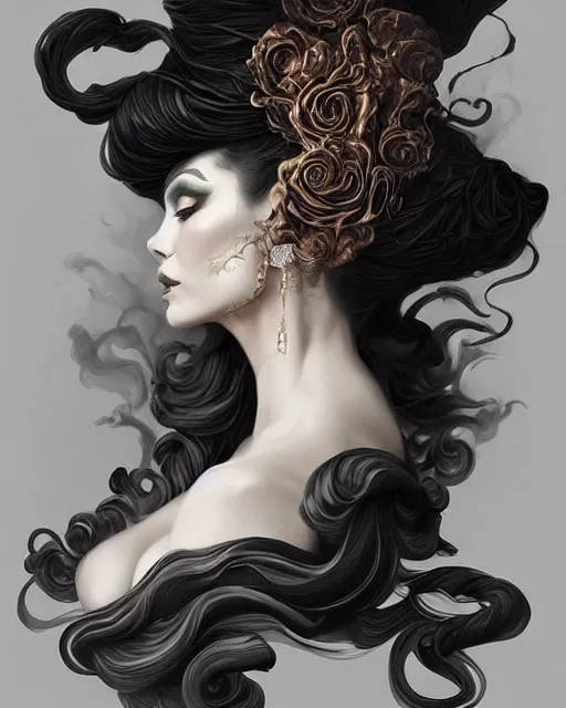 Prompt: rococo ink smoke twisting beauty portrait, black gold ink dripping, stylized fantasy portrait by wlop, artgerm, peter mohrbacher, artstation