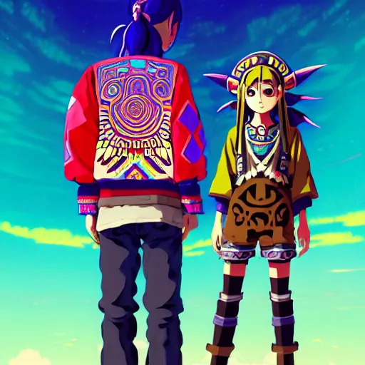 Image similar to majora majora's mask wearing oversized mayan bomber jacket with overalls, bulky poofy bomber jacket with mayan patterns, aztec street fashion, botw art style, gapmoe yandere grimdark, trending on pixiv fanbox, painted by greg rutkowski makoto shinkai takashi takeuchi studio ghibli, akihiko yoshida