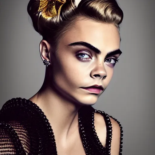 Prompt: portrait of beautiful cara delevingne with a gibson girls hairstyle by mario testino, photo taken in 2 0 2 0, headshot, detailed, award winning, sony a 7 r