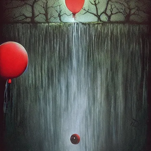 Image similar to grunge painting of a waterfall with a wide smile and a red balloon by Zdzisław Beksiński, loony toons style, pennywise style, corpse bride style, creepy lighting, horror theme, detailed, elegant, intricate, conceptual, volumetric light