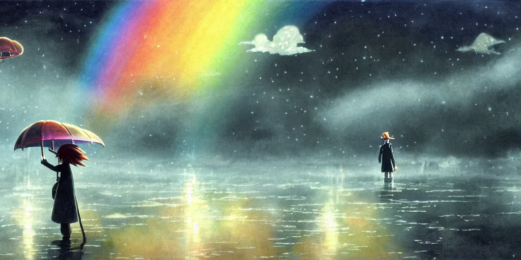 Prompt: a realistic and atmospheric cell - shaded concept art from howl's moving castle ( 2 0 0 4 ) of a rainbow colored ufo landing on the ground. a man with an umbrella is standing in a flooded parking lot. it is a misty starry night. very dull muted colors, hd, 4 k, hq