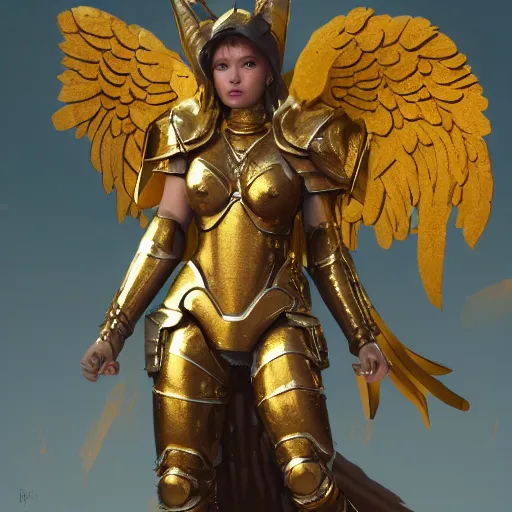 Prompt: the golden angel in her battle armor, zabrocki, karlkka, jayison devadas, trending on artstation, 8 k, ultra wide angle, zenith view, pincushion lens effect