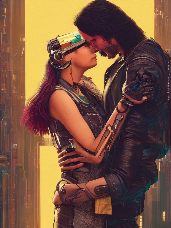 Image similar to a cyberpunk 2077 couple portrait of Keanu Reeves and V in love story,film lighting,by laurie greasley,Lawrence Alma-Tadema,William Morris,Dan Mumford,trending on atrstation,full of color,Digital painting,face enhance,highly detailed,8K, octane,golden ratio,cinematic lighting