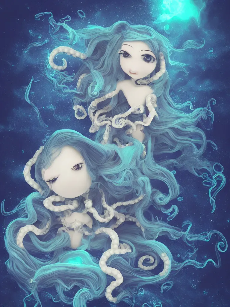 Image similar to cute fumo plush gothic octopus maiden alien girl combing her hair in the waves of the dark galactic abyss, ocean waves and reflective splashing water, ocean simulation, vignette, vray