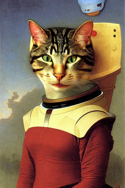 Prompt: portrait of a cat astronaut with chinese dragon armor and helmet, majestic, solemn, by bouguereau