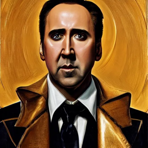 Prompt: Nicolas Cage as an Android, oil on canvas, golden hour, artstation, by J. C. Leyendecker and Peter Paul Rubens,