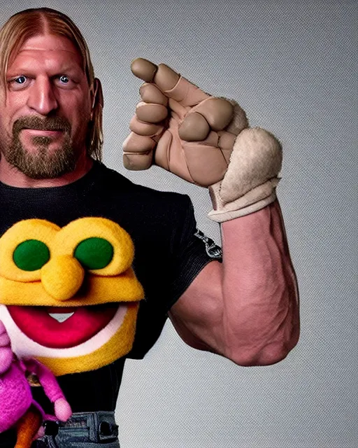 Image similar to triple h as a muppet. highly detailed felt. hyper real photo. 4 k.