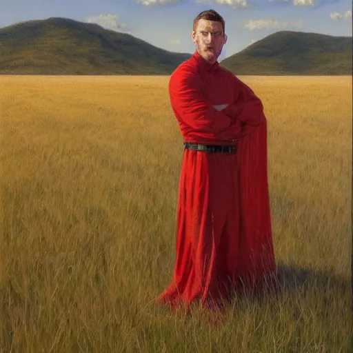 Image similar to The red dragon standing in an open field, portrait art by Donato Giancola and James Gurney, digital art, trending on artstation