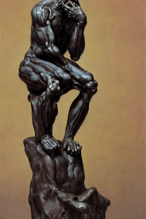 Prompt: beautiful oil clean painting of the thinker sculpture by auguste rodin connected to complex machine by wayne barlowe, rembrandt, half robotic biomechanical, stunning, realistic skin color, 4 k, high res, awardwinning, masterpiece