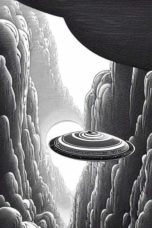 Image similar to a line drawing of a flying saucer over a canyon by joe fenton, trending on artstation, realistic rendering