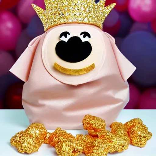 Image similar to pig at a party wearing a gold crowns as a Muppet holding a snack bag 8k