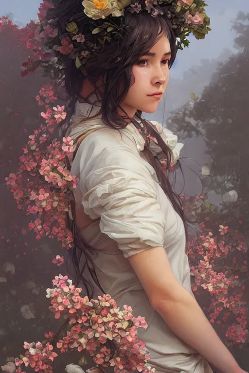 Image similar to ultra realistic illustration, spanish girl with flowers blossoming from helmet, elegant, highly detailed, digital painting, concept art, smooth, sharp focus, illustration, art by artgerm and greg rutkowski and alphonse mucha