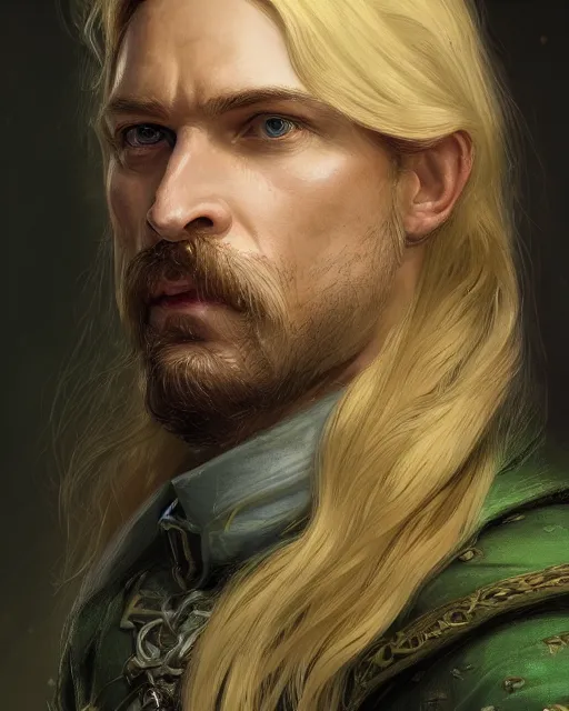 Prompt: half - length portrait of a 3 5 - year - old human male noble with long blonde hair and green eyes, mustache, no beard, medieval setting, detailed face, highly detailed, artstation, concept art, sharp focus, by greg rutkowski, craig mullins, artgerm