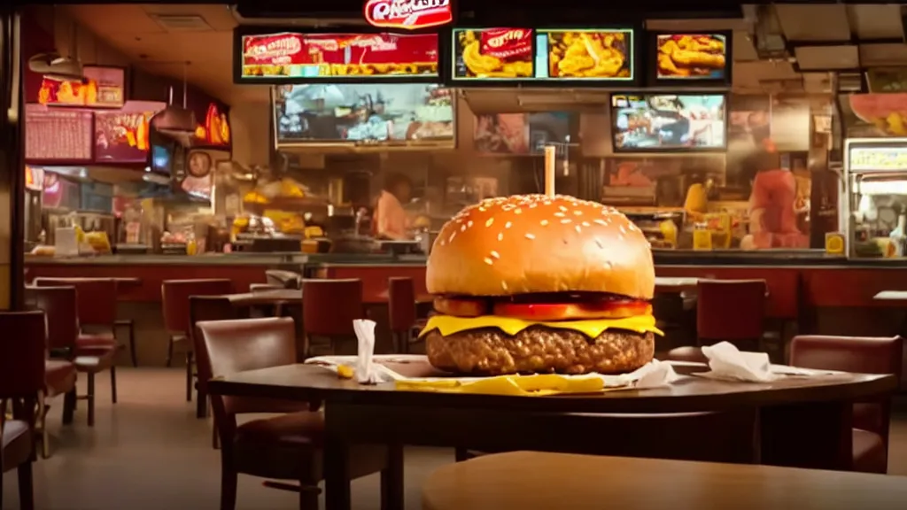 Image similar to the giant cheeseburger at the fast food place, film still from the movie directed by denis villeneuve and david cronenberg with art direction by salvador dali, wide lens