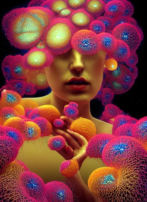 Image similar to hyper detailed 3d render like a Oil painting - Aurora (Singer) seen Eating of the Strangling network of yellowcake aerochrome and milky Fruit and Her delicate Hands hold of gossamer polyp blossoms bring iridescent fungal flowers whose spores black out the foolish failing stars by Jacek Yerka, Mariusz Lewandowski, Houdini algorithmic generative render, Abstract brush strokes, Masterpiece, Edward Hopper and James Gilleard, Zdzislaw Beksinski, Mark Ryden, Wolfgang Lettl, hints of Yayoi Kasuma, octane render, 8k