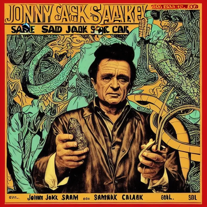 Prompt: album cover for the Johnny Cash and Snake Oil colab record. Snake oil, quackery, folk medicine, scamming, beautiful album cover with no text, album art by Jack Kirby, snake oil