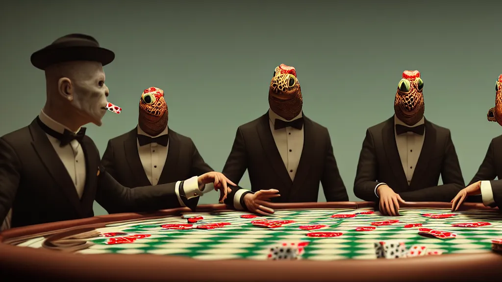 Image similar to hyperrealism simulation highly detailed human turtles'wearing detailed tuxedos and smoking, playing poker in surreal scene from dark scary movie from future by wes anderson and denis villeneuve and mike winkelmann rendered in blender and octane render