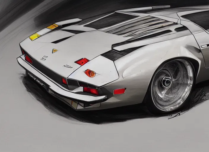 Image similar to a blending, amalgamation and detailed combination of a lamborghini countach, datsun 2 6 0 z and a jaguar e - type, concept art, round headlights, long engine bay, 8 k, highly detailed, trending on art station, dramatic lighting