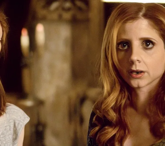 Image similar to a movie still of sarah gellar as buffy speaking to ron weasley in the movie harry potter