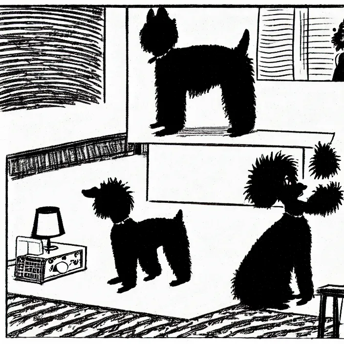 Prompt: a still frame from comic strip, black fluffy dog 1 9 5 0, herluf bidstrup, new yorker illustration, monochrome contrast bw, lineart, manga, tadanori yokoo, simplified,