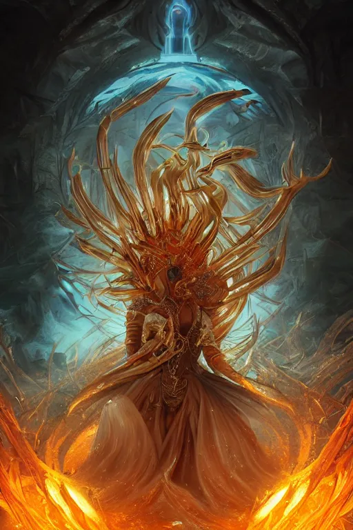 Image similar to an ultra detailed 3 d render of the god empress of french fries as an elden ring boss, epic anime fantasy, 8 k, in the style of a fantasy metal album cover and magic the gathering, volumetric lighting, smooth, highly detailed, digital illustration, octane render, art by albert bierstadt and greg rutkowsi, artstation