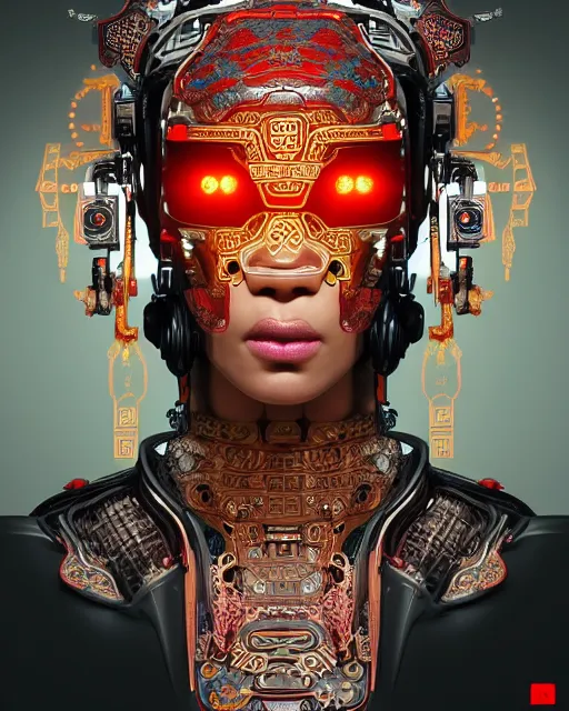 Image similar to portrait of a cyberpunk machine, machine face, upper half portrait, decorated with chinese opera motifs, african! fine china, traditional chinese art, intricate, elegant, highly detailed, symmetry, headpiece, digital painting, artstation, concept art, smooth, sharp focus, illustration, art by artgerm and greg rutkowski and alphonse mucha, 8 k