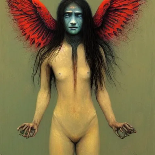 Prompt: young teen half-crow female . She has black wings, painting by Beksinski