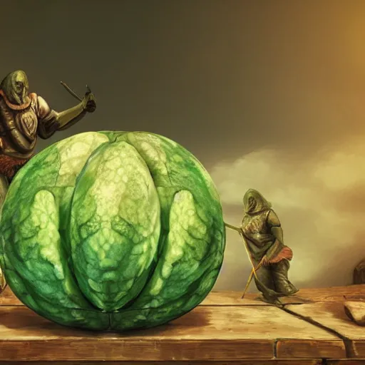 Image similar to An atronach made of melons, digital art, high quality, 8k