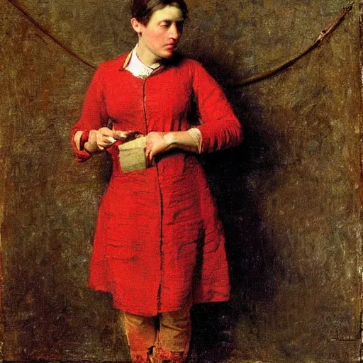 Image similar to red 🧥 ♀ in an adventure, by thomas eakins