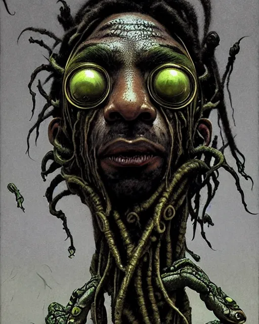 Prompt: lucio from overwatch, dreadlocks, frog like, character portrait, portrait, close up, concept art, intricate details, highly detailed, horror poster, horror, vintage horror art, realistic, terrifying, in the style of michael whelan, beksinski, and gustave dore