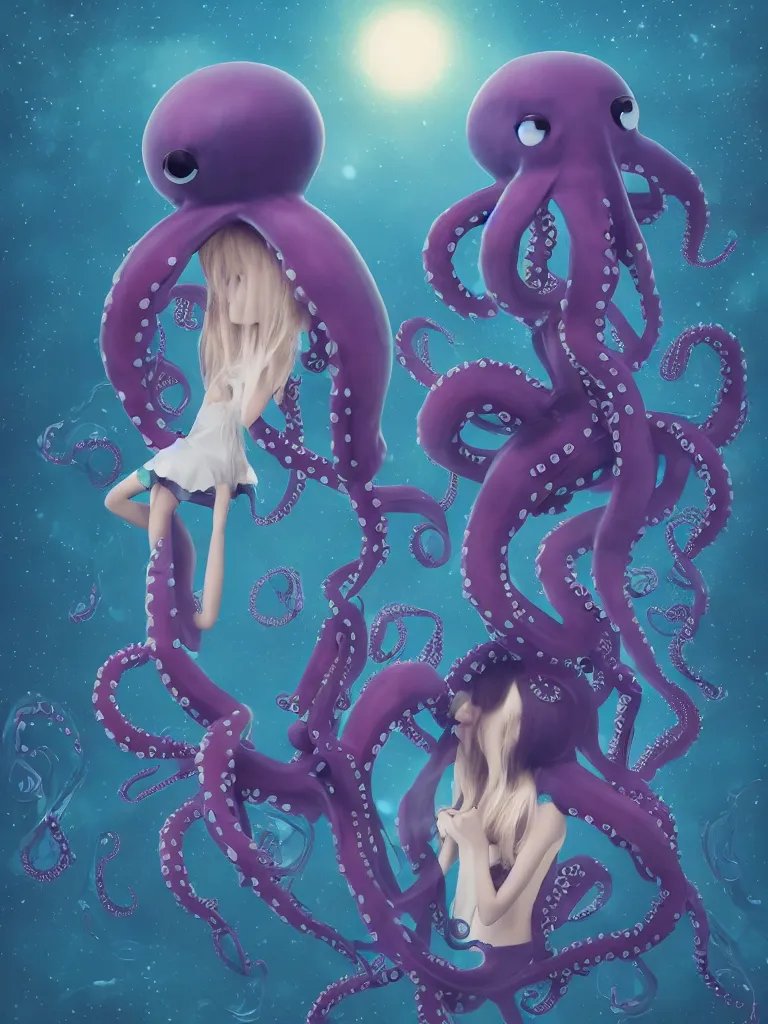 Prompt: cute fumo plush gothic octopus maiden alien girl combing her hair in the waves of the dark galactic abyss, ocean waves and reflective splashing water, ocean simulation, vignette, vray