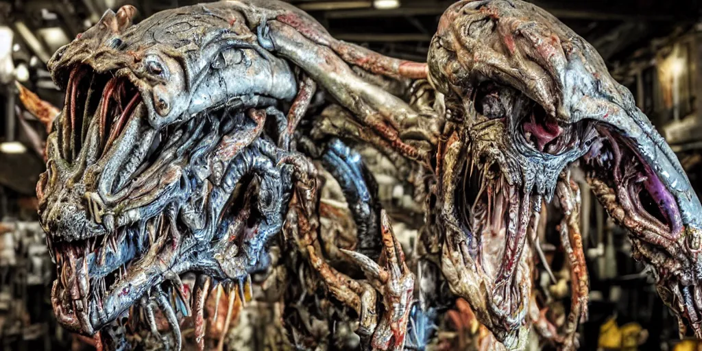 Image similar to photo taken of an epic intricate, ultra detailed, super realistic gritty, hero prop, exquisitely painted animatronic movie prop of a grotesque nightmarish hellish alien creature displayed in the workshop, created by weta workshop, full body shot, photorealistic, sharp focus