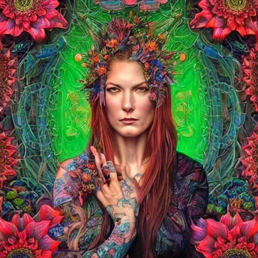 Image similar to portrait of danneel ackles, hyper detailed masterpiece, neon floral pattern, jean giraud, digital art painting, darkwave goth aesthetic, psychedelic, artgerm, donato giancola and tom bagshaw