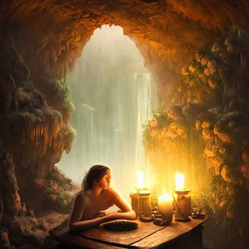 Prompt: cozy bathhouse hidden in a cave, candlelight, towels, cushions, natural light, lush plants and flowers, elegant, intricate, fantasy, atmospheric lighting, by Greg rutkowski