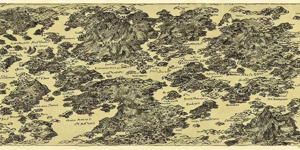 Prompt: a detailed and intricate illustration of a fantasy world map by moebius, frazetta, zabrocki, ghibli, miura