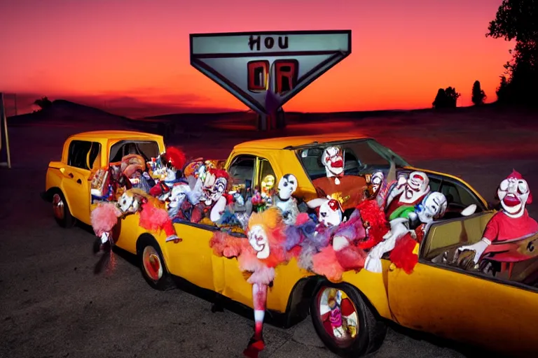 Image similar to 2 0 clowns leaving a clowncar at a california drive in, in 2 0 1 2, cutecore clowncore, bathed in the the glow of the sunset, low - light photograph, in style of henry selick