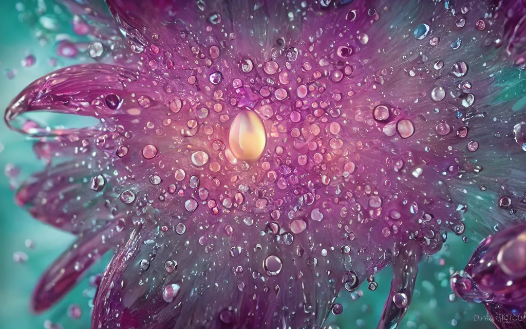 Prompt: Beauty of awesome macro photography of big Water droplet reflecting flowers, hyper detailed, warm volumetric lights , closeup Matte DOF ,made by Gerald Brom and Mike Winkelmann, Canon MP-E 65mm f/2.8 1-5 trending on art station