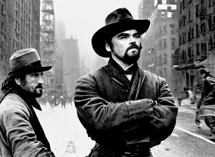 Image similar to an action scene from the movie gangs of new york, medium long shot, leonardo dicaprio and daniel day - lewis, sharp eyes, serious expressions, detailed and symmetric faces, black and white, cinematic, epic,