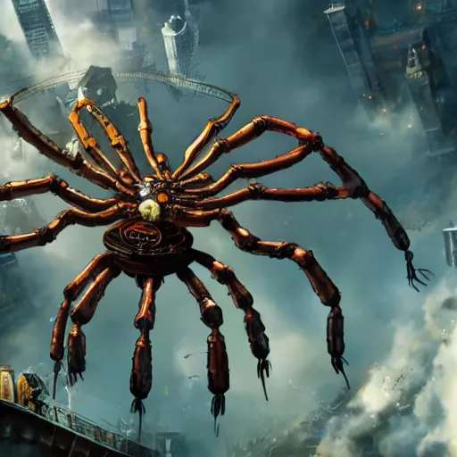 Prompt: a giant steampunk spider attacking a city, defense cannons can be seen trying to shoot it down, studio ghibli, anime, extremely detailed, intense, cinematic drone shot, cinematic lighting,