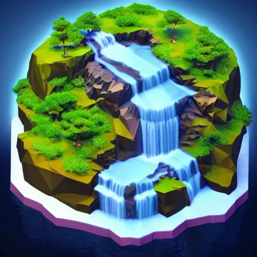 Prompt: low poly art of a round floating island of new york surrounded by waterfalls, in the sky, isometric art, 3d render, ray tracing, high detail, artstation, concept art, behance, smooth, sharp focus, ethereal lighting, unreal engine 5