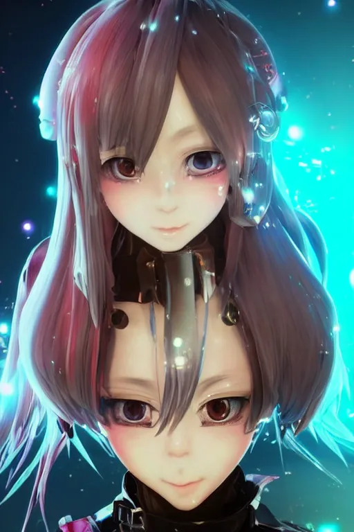 Image similar to portrait of a kawaii 3d anime character with cute sparkly eyes wearing a futuristic visor kawaii deco fashion long hair with pastel colors in the style of code vein character by Kurumi Kobayashi Koichi Itakura, 3d anime, octane render dynamic dramatic lighting with glitch and chromatic abbreviations effects artstation cgsociety imaginefx by anime concept artist rendered in unreal engine by WENJR WLOP artgerm