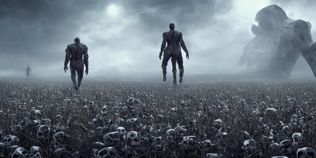 Prompt: a giant walking through a field of skulls, realistic 4 k octane beautifully detailed render, 4 k post - processing, highly detailed, intricate complexity, epic composition, magical atmosphere, cinematic lighting, masterpiece, ultra hd