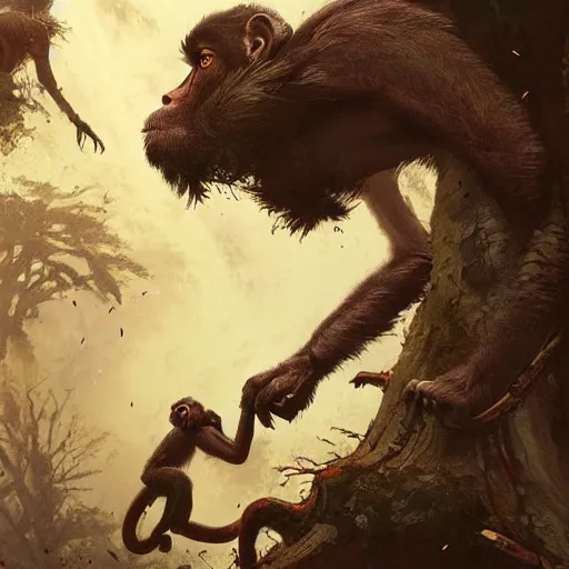 Image similar to 8 aggressive monkey beasts attacking and jumping down from large tree in dense dark forest, seen from below, dramatic concept art by greg rutkowski